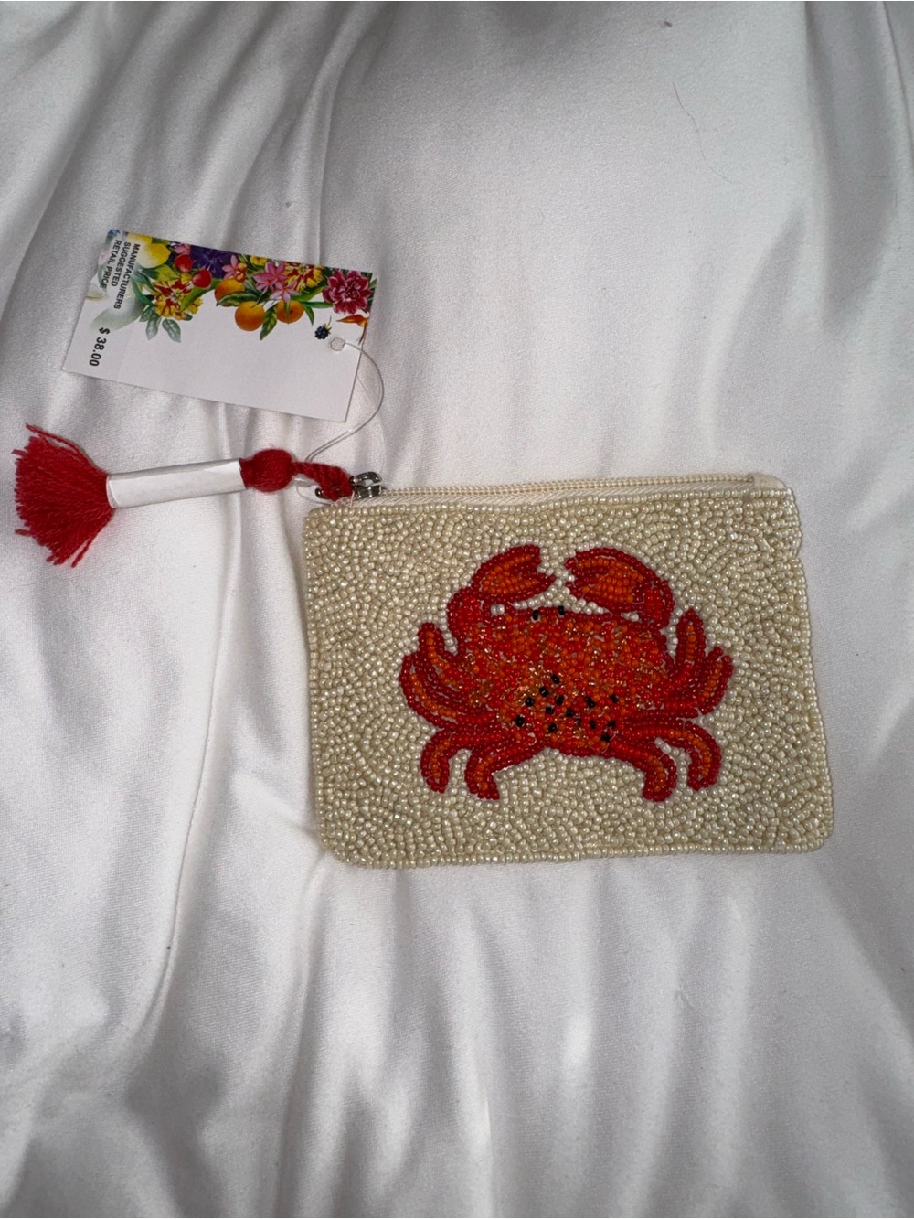 Red Crab Beaded Zipper Pouch New with Tags